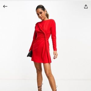 Red mini dress with ruching twist.